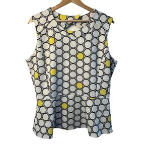 Worthington XL Sleeveless Peplum Top Gray White Yellow Polka Dot Cut Out Back